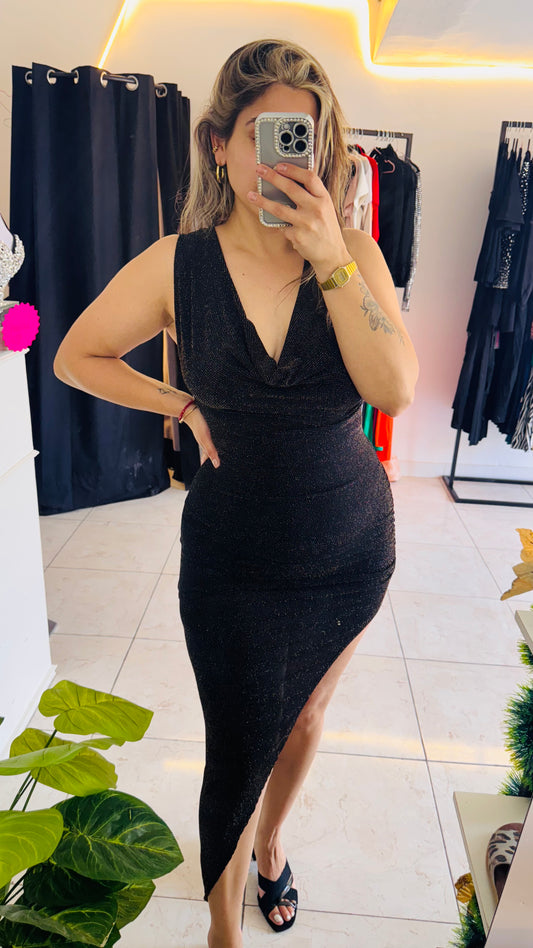 VESTIDO BRILLO NEGRO DORADO